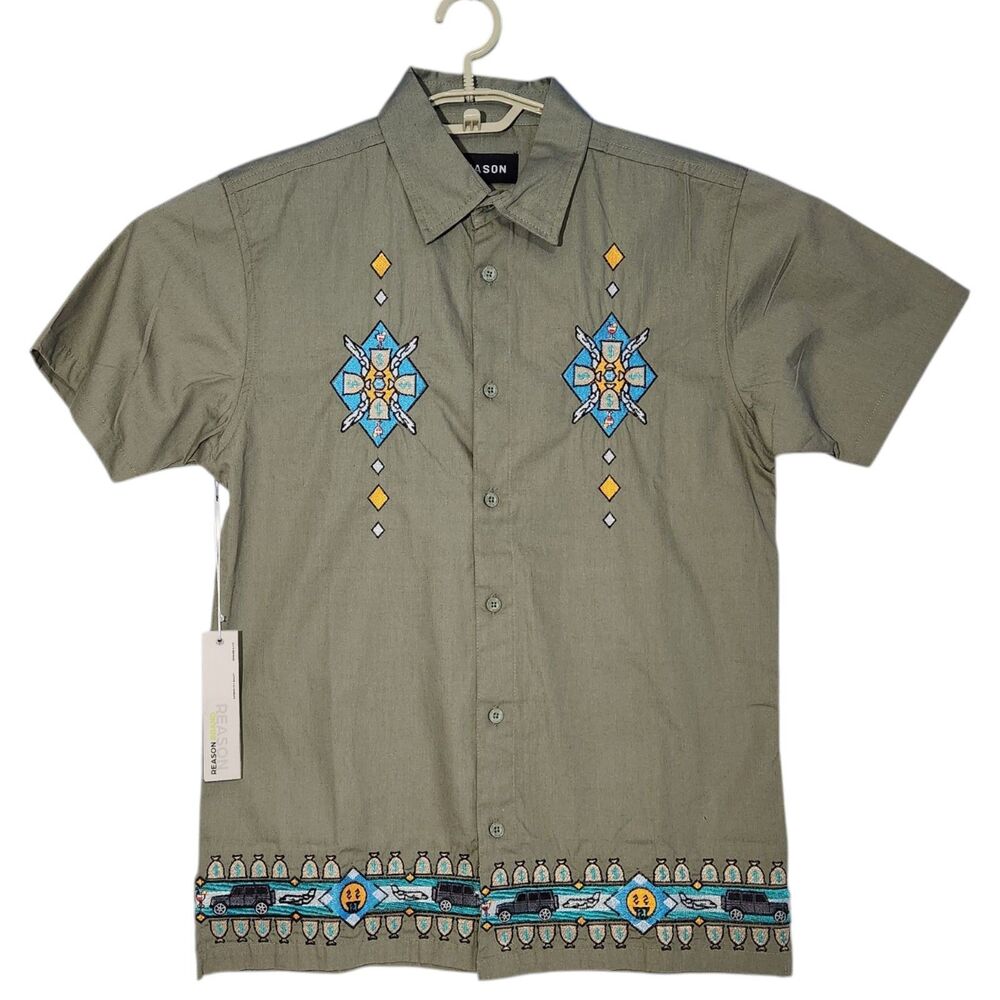 Reason Cuban Style Button Down Shirt Mens Size Small Olive Green Embroidered NWT